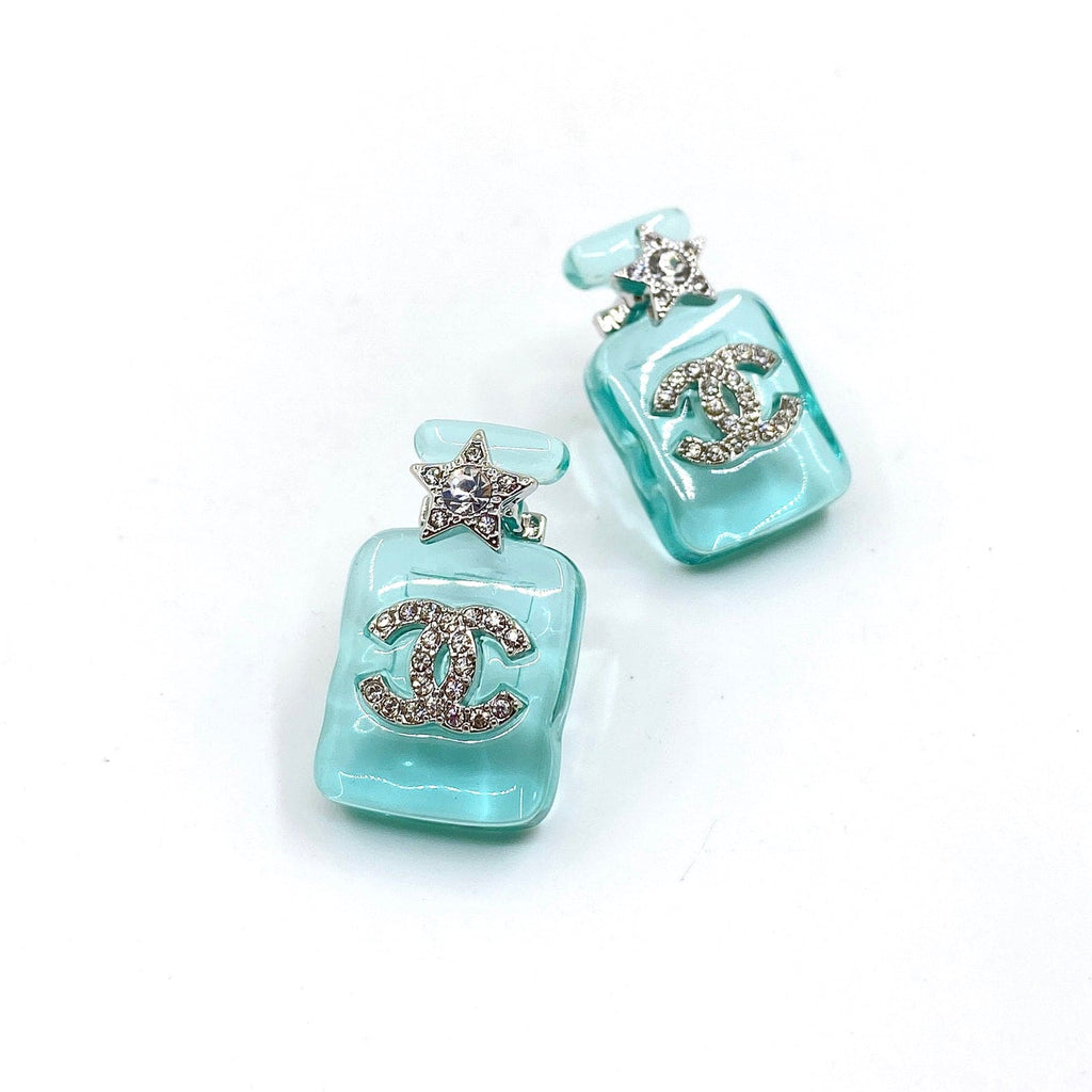 Chanel Perfume Blue Bottle 18K Gold Earrings