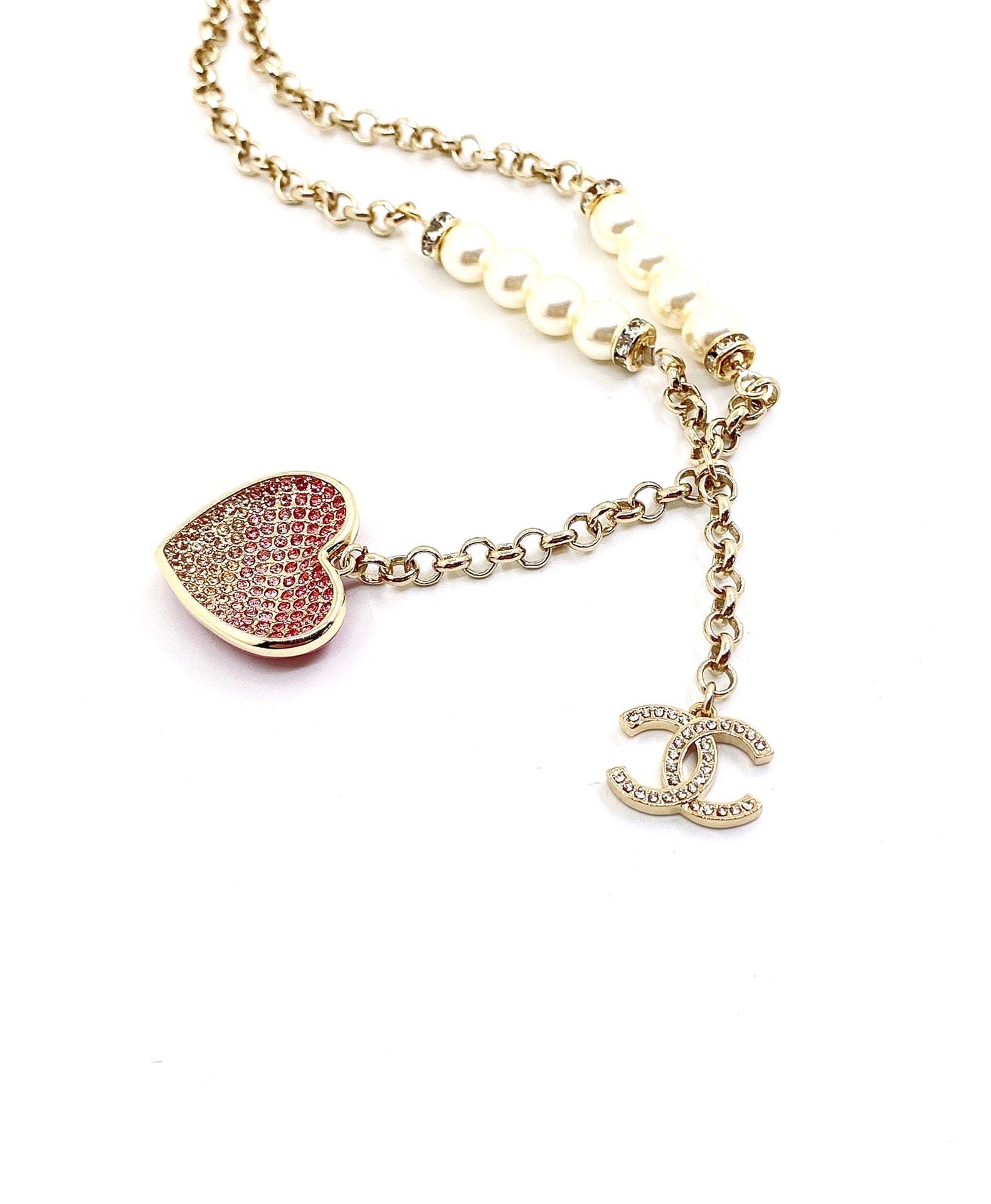 Chanel Pink Heart Diamonds 18K Gold Necklace