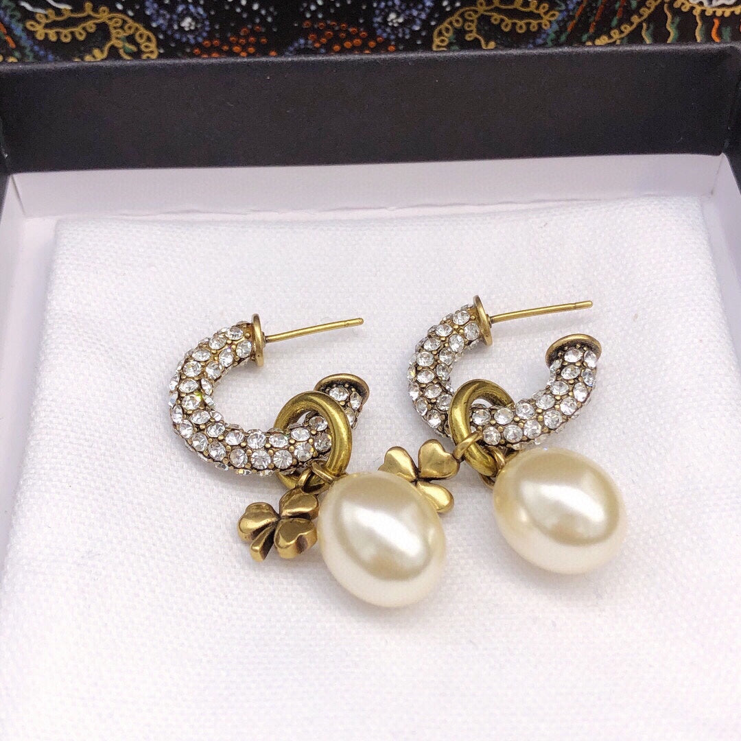 Dior March Grass Pearl Crystals 18K Gold Earrings
