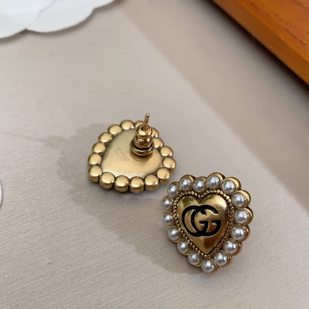 Gucci Double Heart Pearl 18K Gold Earrings