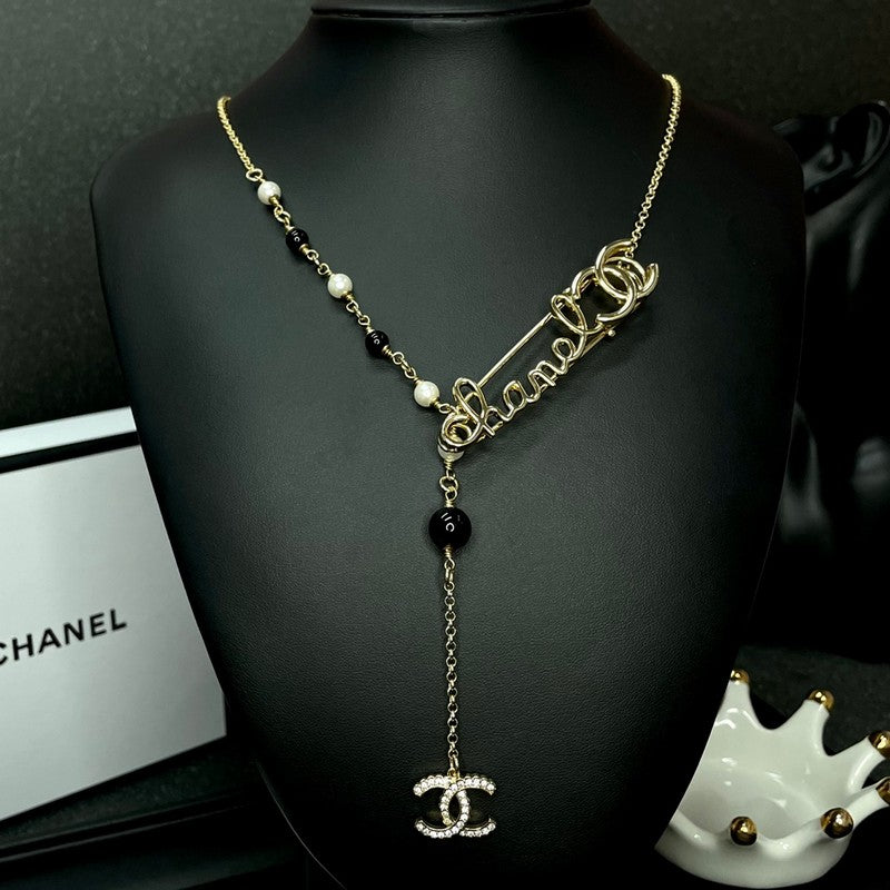 Chanel Rhinestone Pearl Letter 18K Gold Necklace