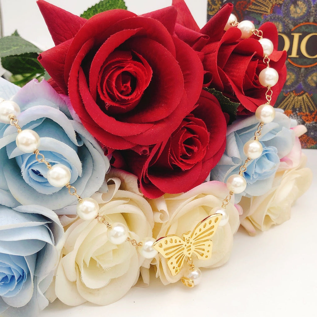 Dior Butterfly Pearl Chain 18K Gold Necklace